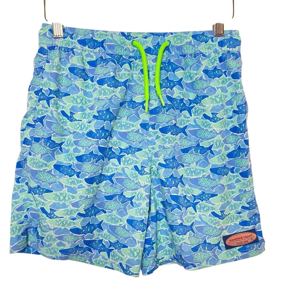 VINEYARD VINES Blue Shark Print Boys Size Medium Swim Swimming Shorts Trunks